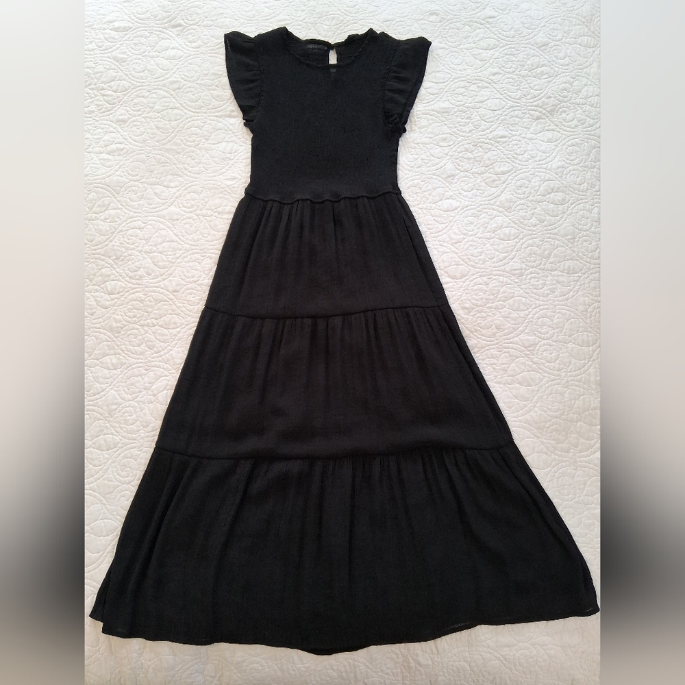 August Sky Whimsigoth Smocked Maxi Teired Black Dress With Flutter Sleeves